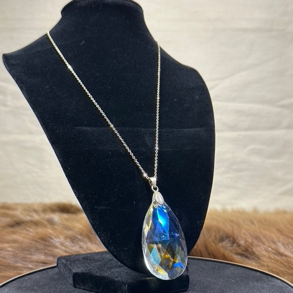 Iridescent Teardrop Crystal Pendant Necklace – 17" Chain - Picture 3 of 3